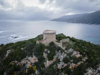 Campomoro Genoese tower (drone shot) Campomoro Genoese tower (drone shot)