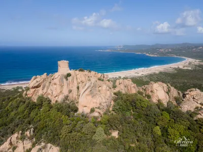 Genoese tower of Roccapina (drone shot) Genoese tower of Roccapina (drone shot)