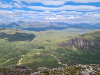 View north from Stob Dearg, the parking lot below along the A82 View north from Stob Dearg, the parking lot below along the A82