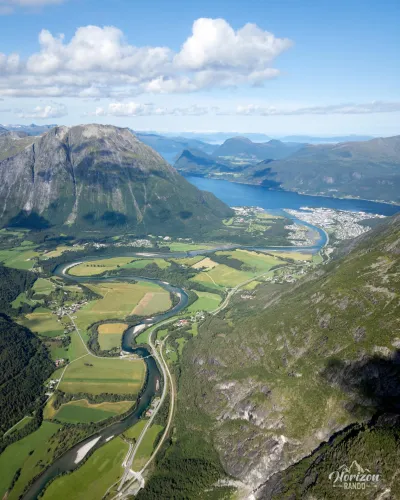 The Rauma River winding through the Romsdalen valley to Åndalsnes and its fjord The Rauma River winding through the Romsdalen valley to Åndalsnes and its fjord