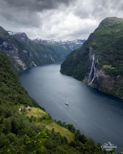 Skageflå farm, Geirangerfjord, and the Seven Sisters waterfall Skageflå farm, Geirangerfjord, and the Seven Sisters waterfall