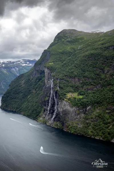 Geirangerfjord and the Seven Sisters waterfall from one of the trail's lookout points Geirangerfjord and the Seven Sisters waterfall from one of the trail's lookout points