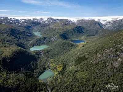 High-altitude lakes and Buarbreen glacier (drone shot) High-altitude lakes and Buarbreen glacier (drone shot)