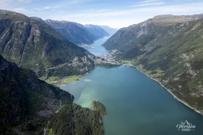 Lake Sandvinsvatnet and Hardangerfjord (drone shot) Lake Sandvinsvatnet and Hardangerfjord (drone shot)