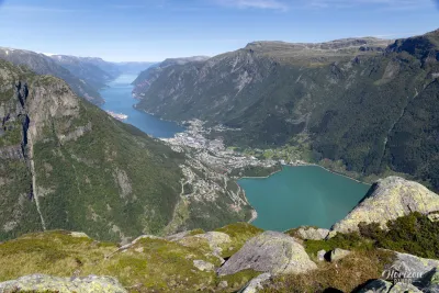 The emerald lake Sandvinsvatnet and Hardangerfjord from Jordalsnuten The emerald lake Sandvinsvatnet and Hardangerfjord from Jordalsnuten