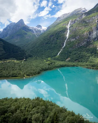 Lake Lovatnet and Ramnefjellfossen waterfall (drone shot) Lake Lovatnet and Ramnefjellfossen waterfall (drone shot)