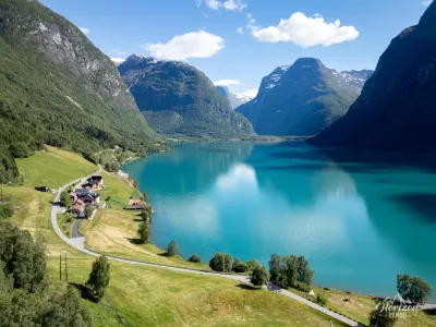 Lodalen valley and Lake Lovatnet (drone shot) Lodalen valley and Lake Lovatnet (drone shot)