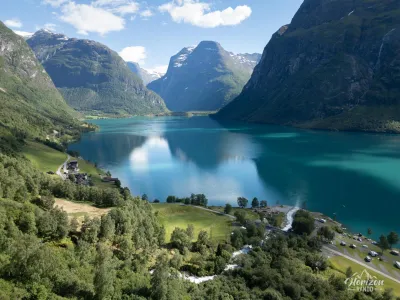 Lodalen valley and Lake Lovatnet (drone shot) Lodalen valley and Lake Lovatnet (drone shot)