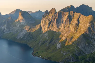 Segltinden (731 m), Rostad hamlet and Rostadtindan summit (767 m), Klokktinden (863 m) behind Segltinden (731 m), Rostad hamlet and Rostadtindan summit (767 m), Klokktinden (863 m) behind