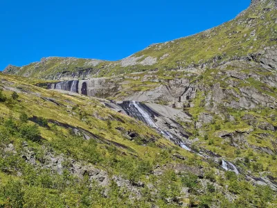 Waterfalls from Austerdalsvatnet lake Waterfalls from Austerdalsvatnet lake
