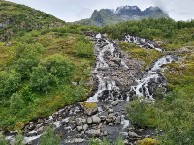 Waterfalls shortly after leaving Sørvågen Waterfalls shortly after leaving Sørvågen