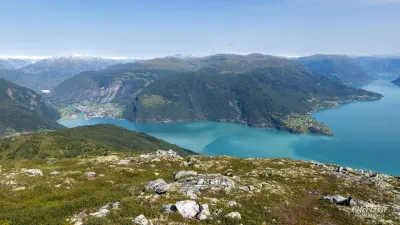 Gaupne village and Jostedalsbreen on the left Gaupne village and Jostedalsbreen on the left