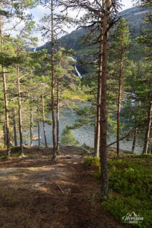 Very pleasant forest trail, third waterfall in the distance Very pleasant forest trail, third waterfall in the distance
