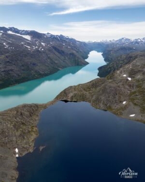 Lake Bessvatnet and Lake Gjende (drone shot) Lake Bessvatnet and Lake Gjende (drone shot)