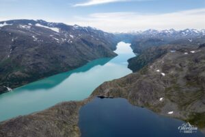 Lake Bessvatnet and Lake Gjende (drone shot) Lake Bessvatnet and Lake Gjende (drone shot)