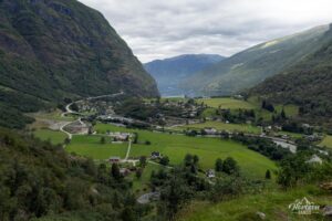 Panoramic view of the village of Flåm and the Aurland Fjord. Panoramic view of the village of Flåm and the Aurland Fjord.