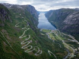 The road leading to Lysebotn (drone shot). The road leading to Lysebotn (drone shot).