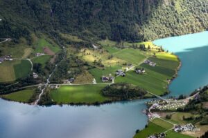View of the start (bottom left at the campsite) from the summit of Klovane View of the start (bottom left at the campsite) from the summit of Klovane